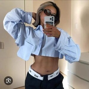 Zara Pocket Blue Crop Blouse Denim Chambray Street Style